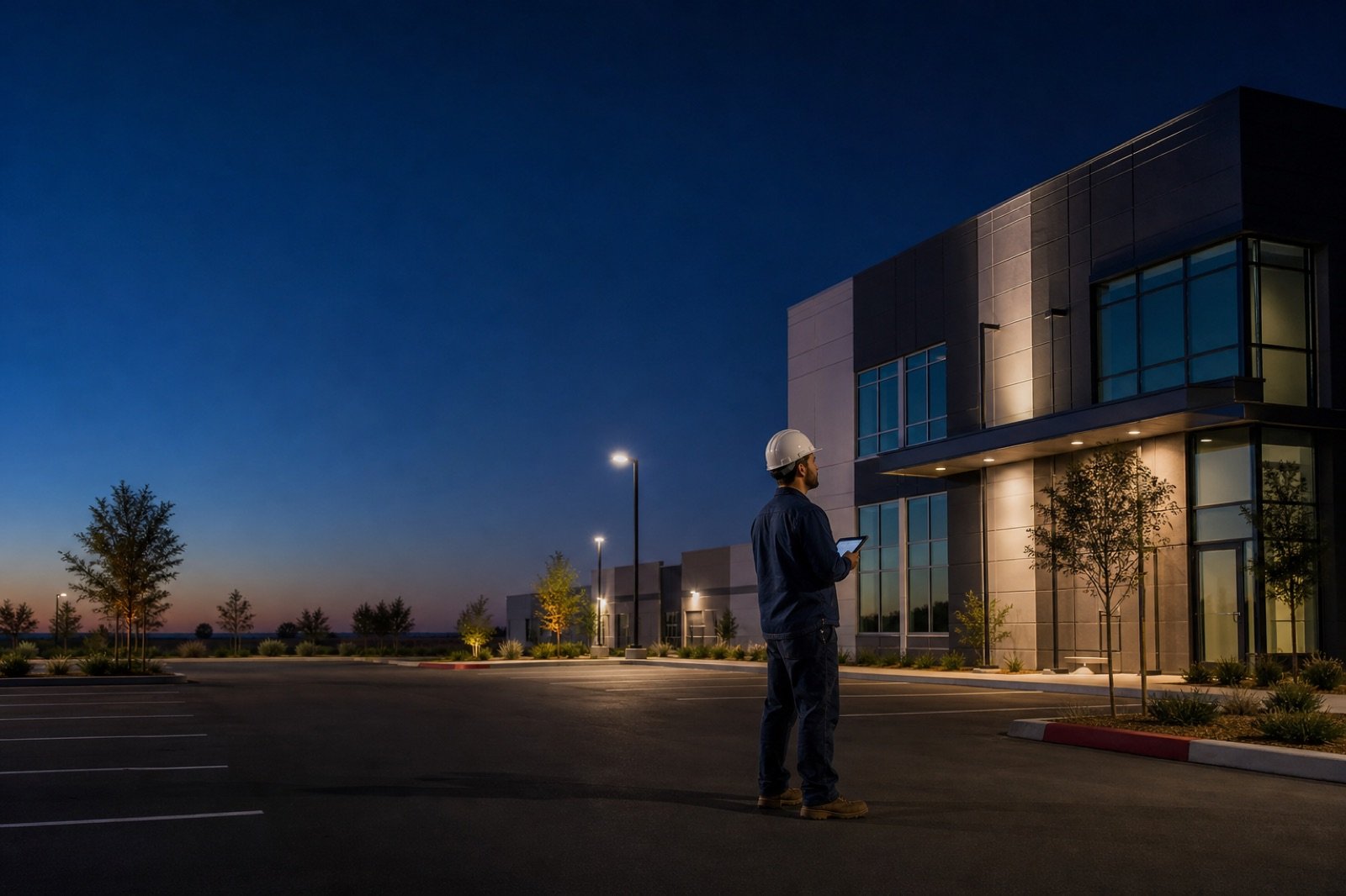 Electrician surveying a commercial site at dusk