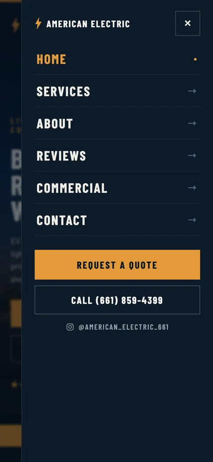 The mobile menu with six sections, then Request a quote and Call buttons
