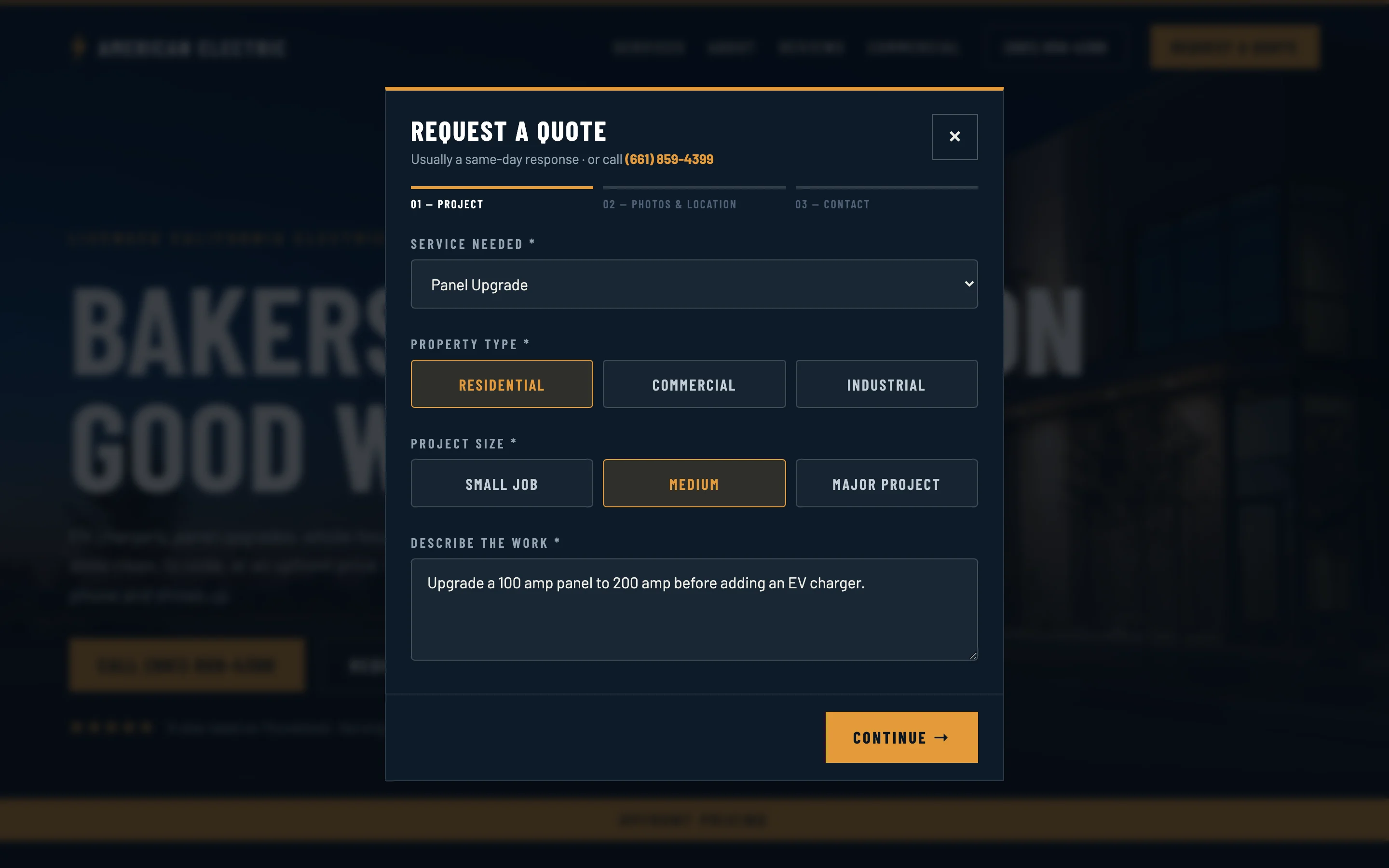 The Request a quote dialog at step 1, Project: Panel Upgrade chosen as the service, Residential and Medium selected, a short job description, and Continue