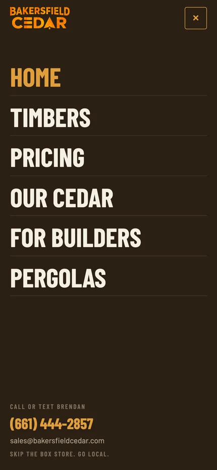 The full-screen mobile menu listing Home, Timbers, Pricing, Our Cedar, For Builders, and Pergolas, with the phone number and email below