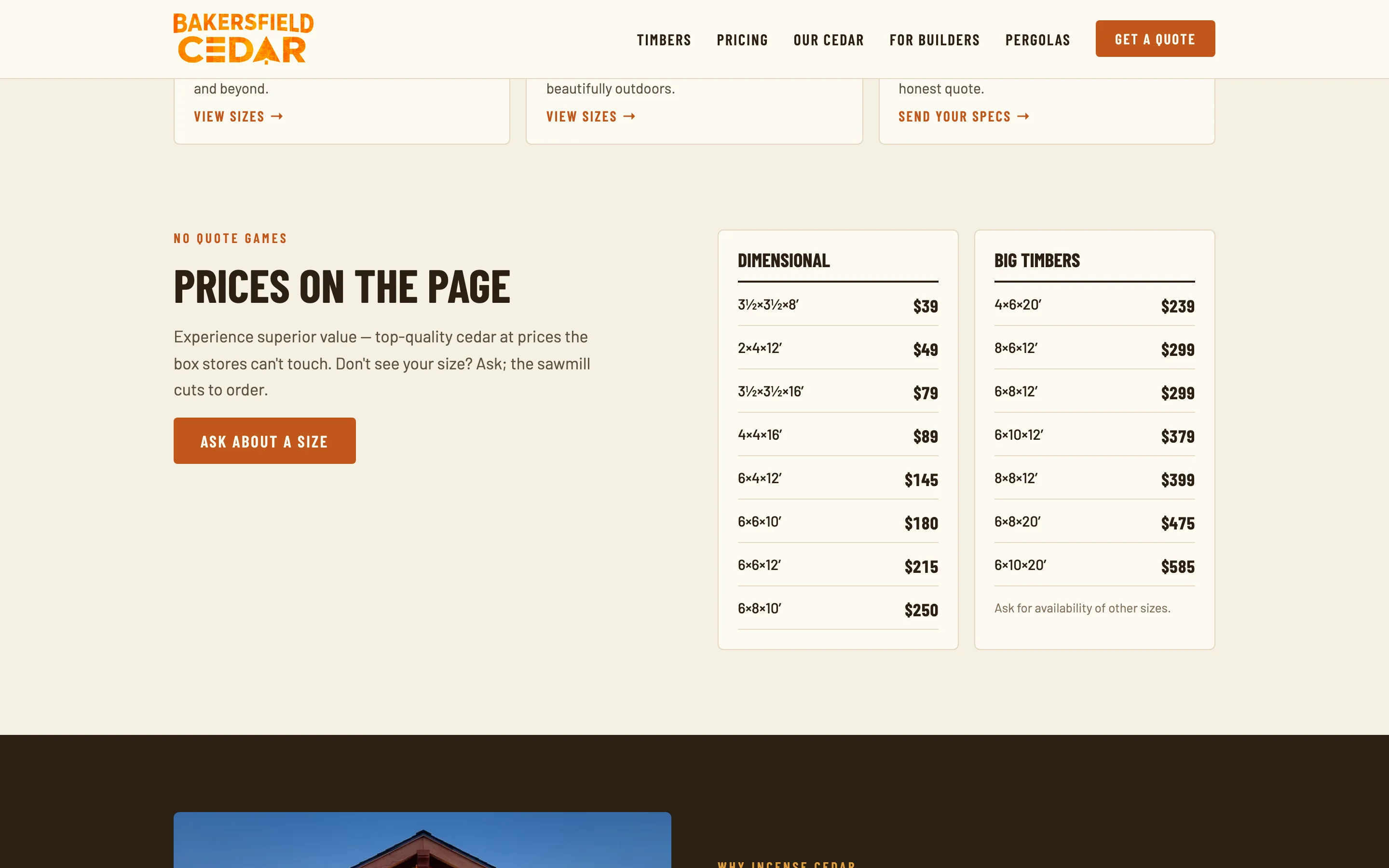 The homepage pricing section we designed: No quote games, Prices on the page, an Ask about a size button, and two price lists for dimensional lumber and big timbers