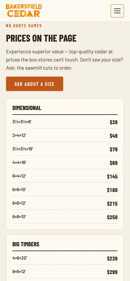 The mobile pricing section with the dimensional price list stacked above the big timbers list