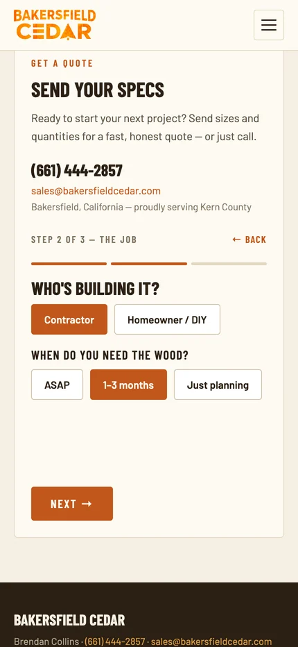 Step 2 of the quote request on a phone, with Contractor and 1 to 3 months selected and a Next button