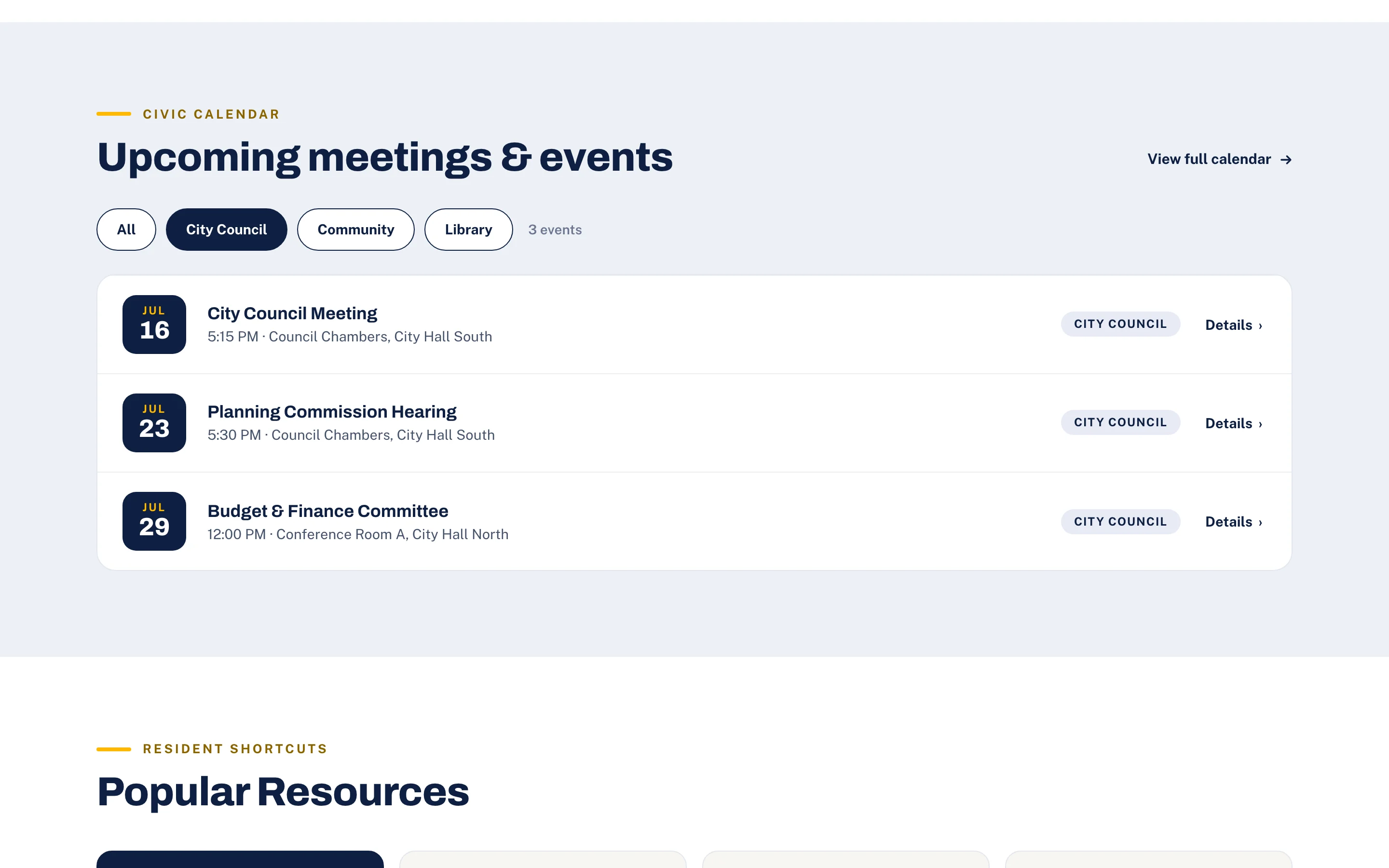 Upcoming meetings and events filtered to City Council, showing three meetings with dates, times, locations, and Details links
