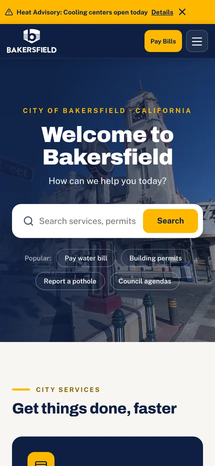 The prototype homepage on a phone with the search field, popular tasks, and the start of the service groups