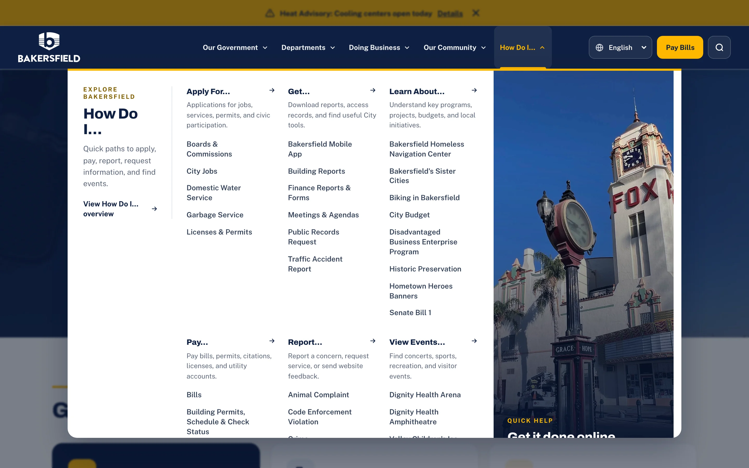 The How Do I mega menu open, with columns for Apply For, Get, Learn About, Pay, Report, and View Events, each listing specific city tasks