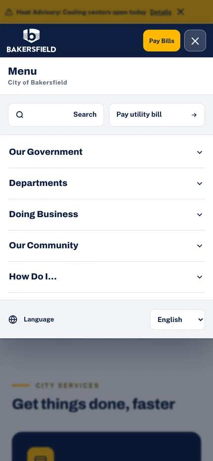 The mobile menu with search, Pay utility bill, five expandable navigation groups, and a language selector