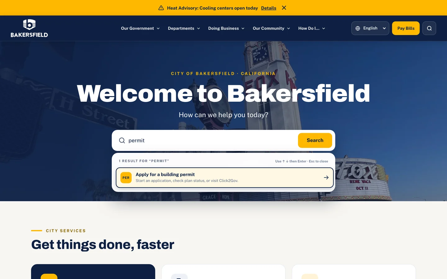 The Bakersfield City prototype search suggesting a building permit