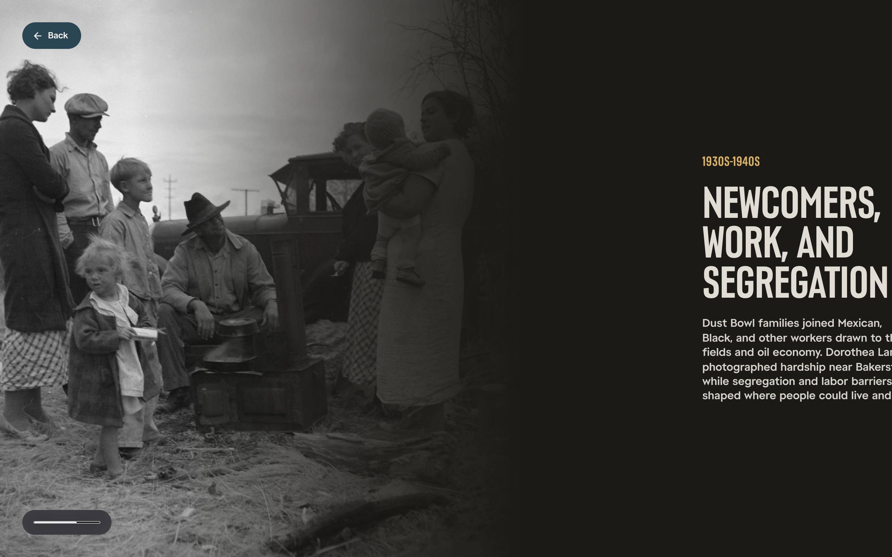 The 1930s to 1940s scene, Newcomers, Work, and Segregation: a documentary photograph of a migrant family beside a dark panel with the headline and a short paragraph