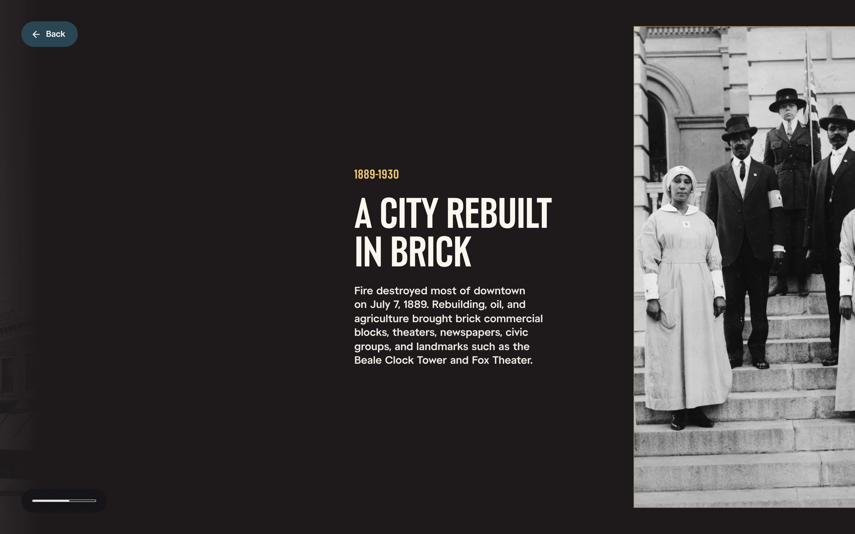 The 1889 to 1930 scene, A City Rebuilt in Brick, with a short paragraph about the 1889 fire beside an archival photograph of people on the steps of a civic building