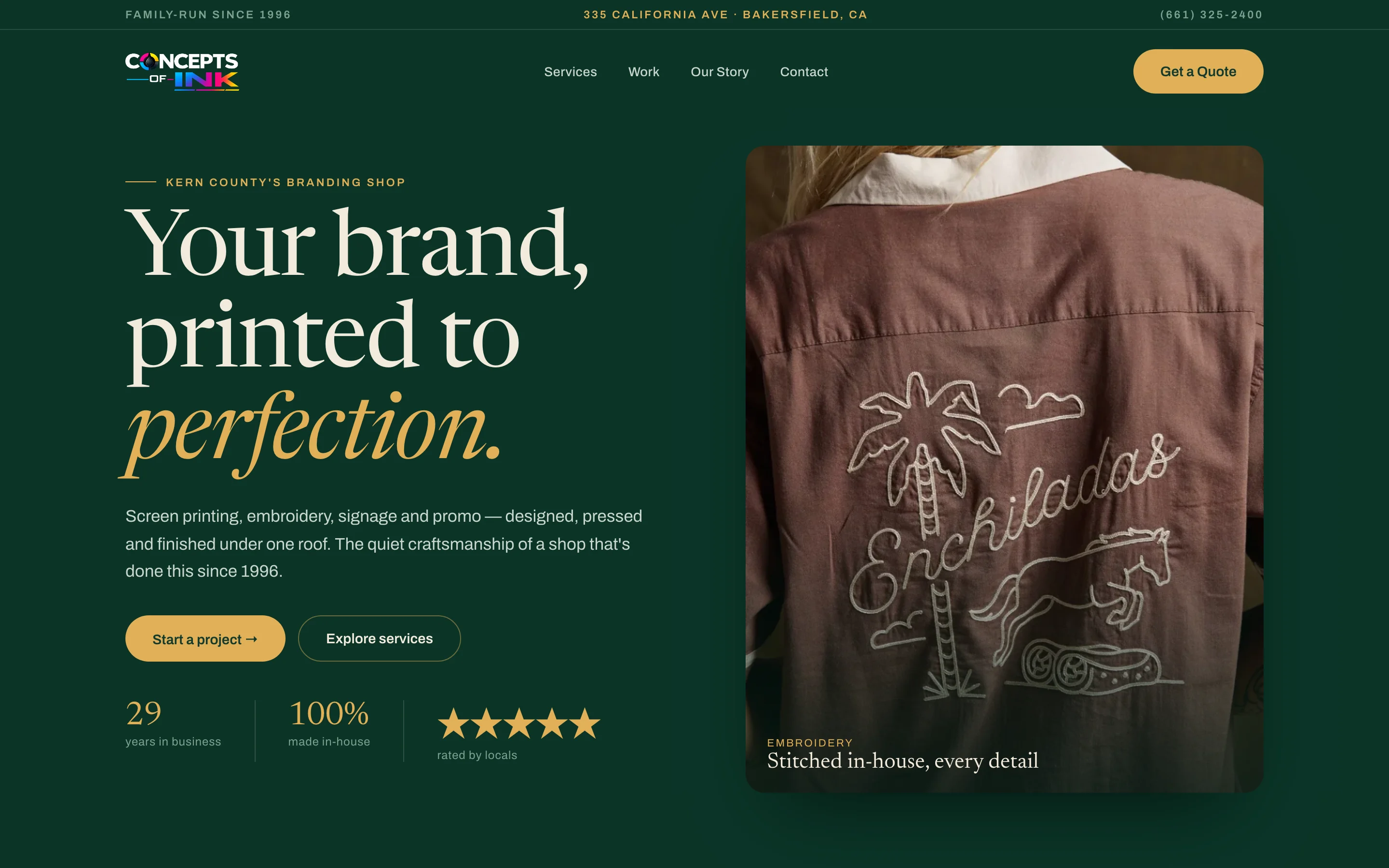 The Emerald direction: deep green, a serif headline reading Your brand, printed to perfection, and a photo of an embroidered shirt back