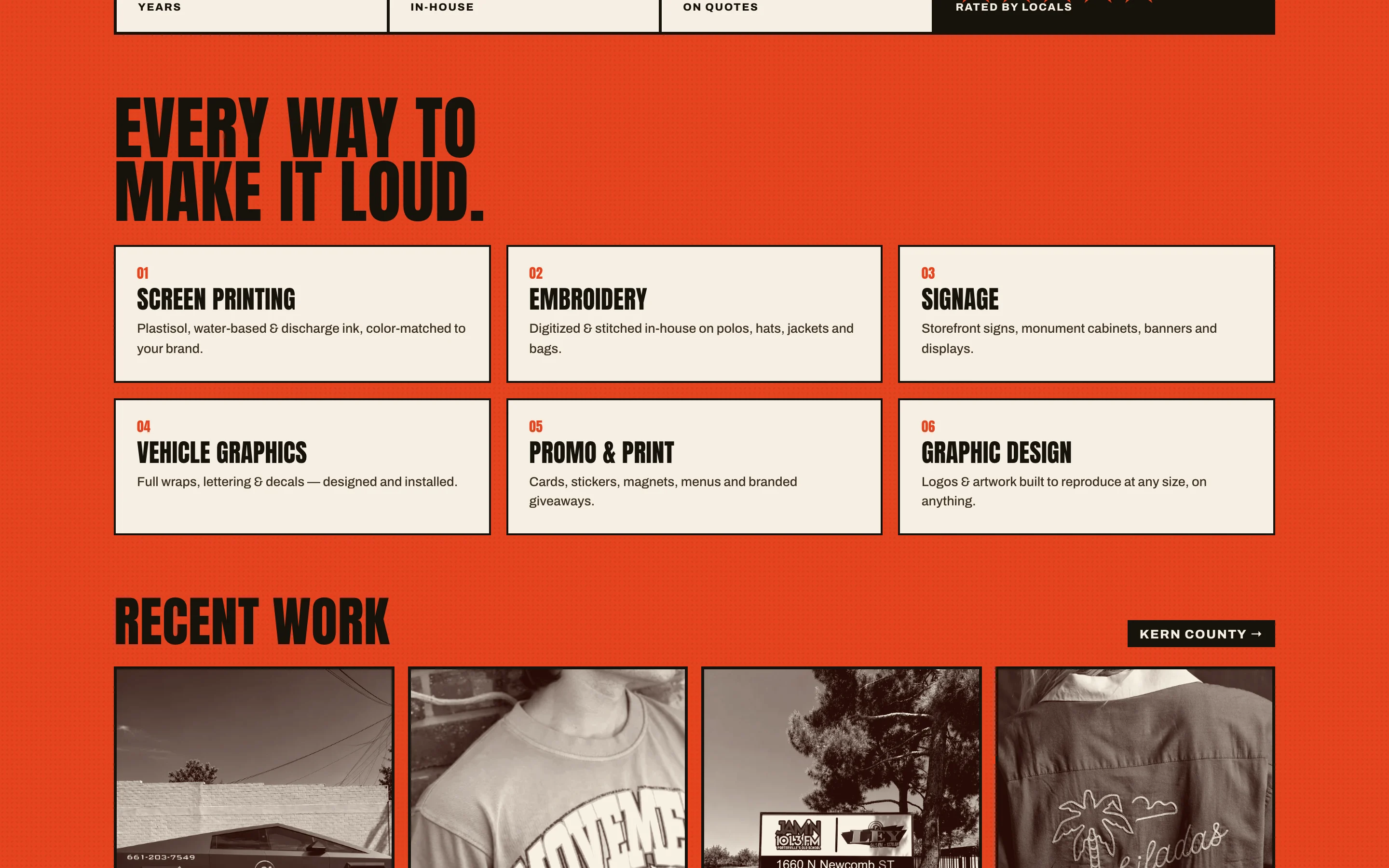 The Overprint departments section: Every way to make it loud, with six bordered cards for screen printing, embroidery, signage, vehicle graphics, promo and print, and graphic design