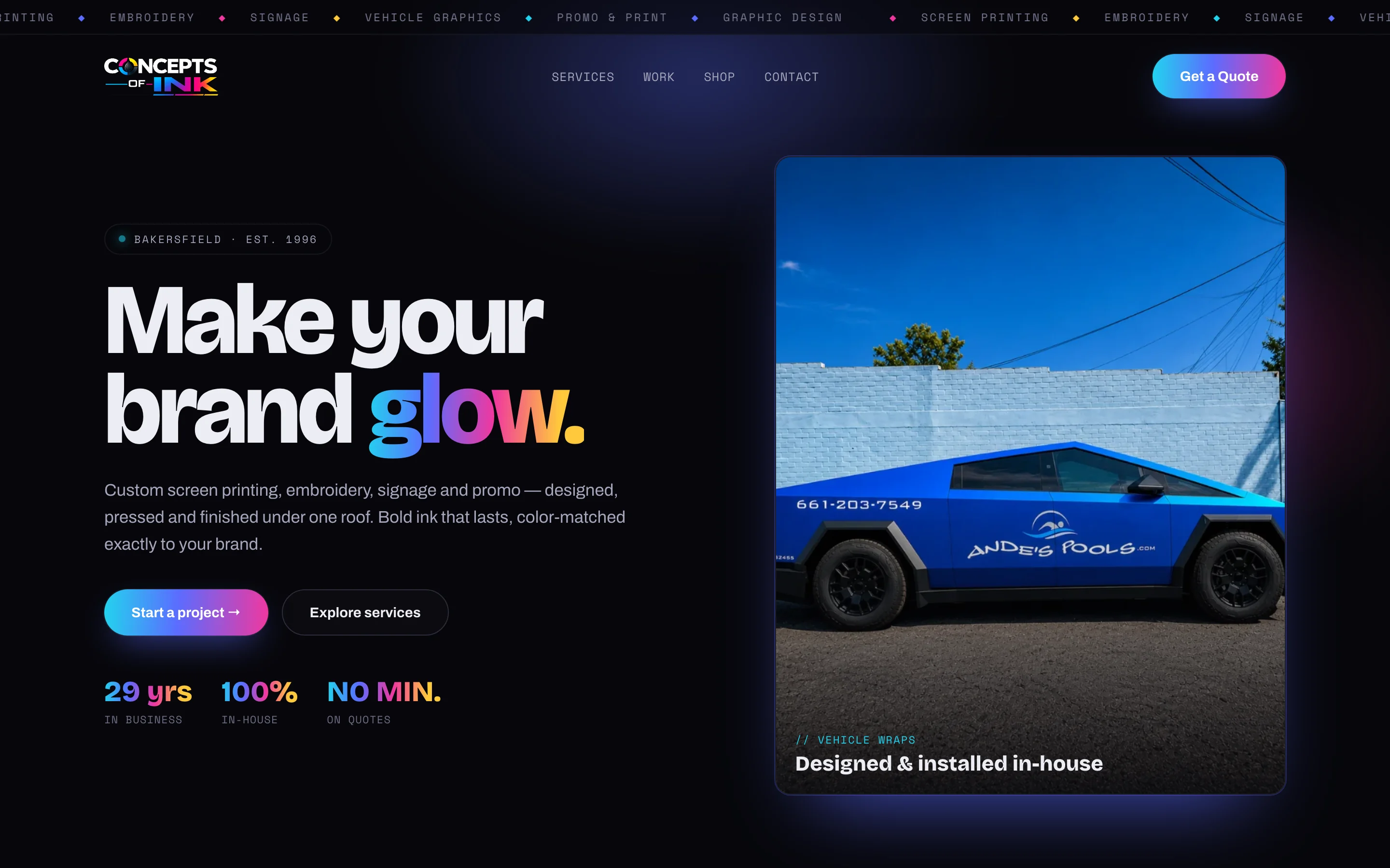 The Voltage direction: a black page with glowing gradient type reading Make your brand glow, beside a vehicle wrap photo