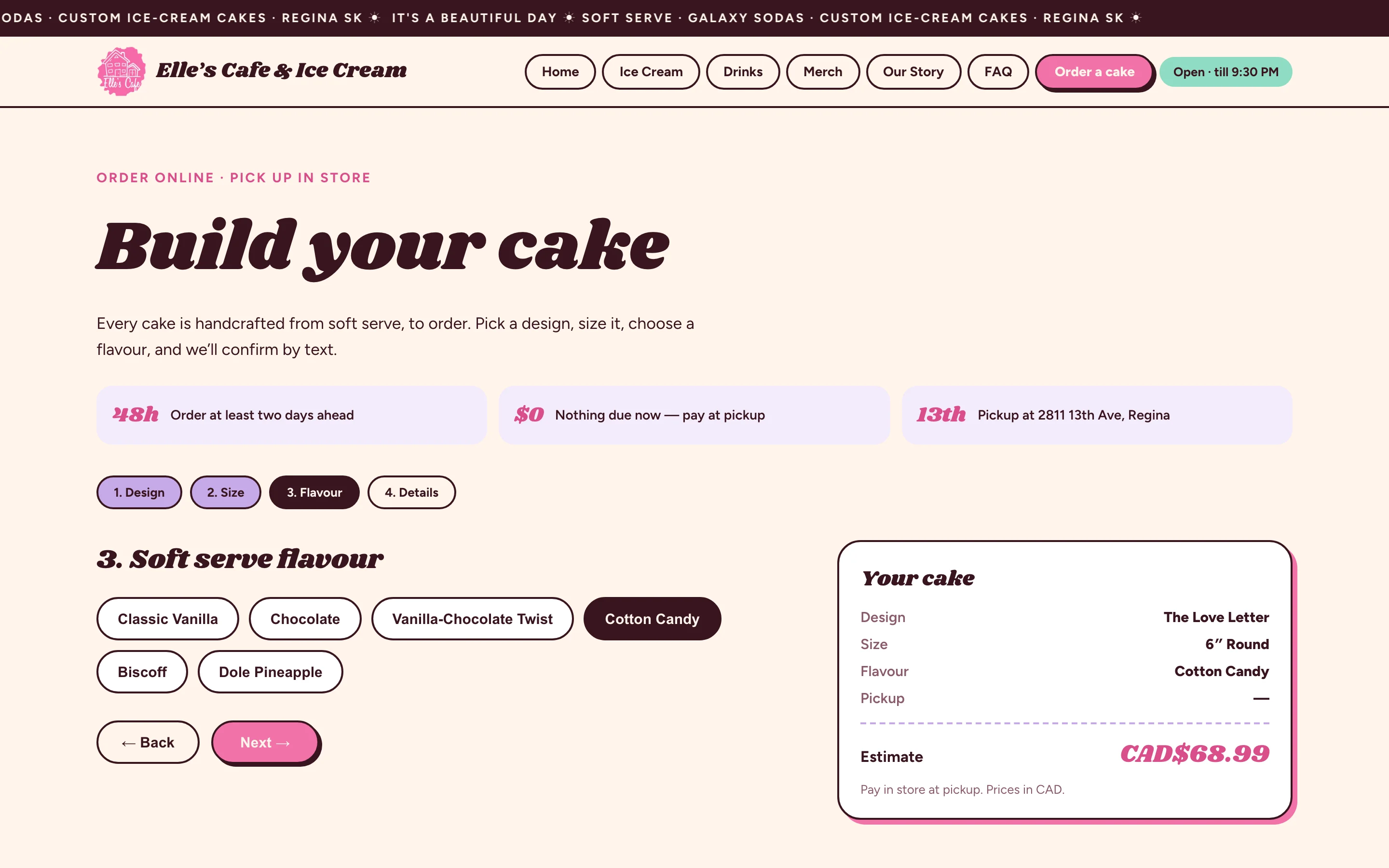 Build your cake on desktop at step three, soft serve flavour, with Cotton Candy selected and a Your cake summary listing the design, size, flavour, and a CAD$68.99 estimate