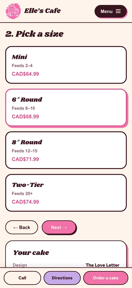 Step two on a phone: Mini, 6 inch round, 8 inch round, and two-tier size cards stacked, each with how many it feeds and its price