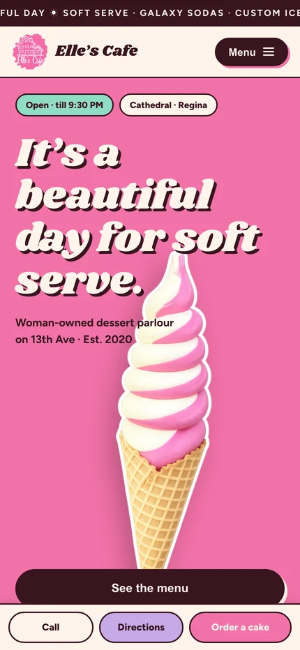 The Elle's homepage on a phone with an open-now badge, the headline, See the menu, and a bottom bar with Call, Directions, and Order a cake