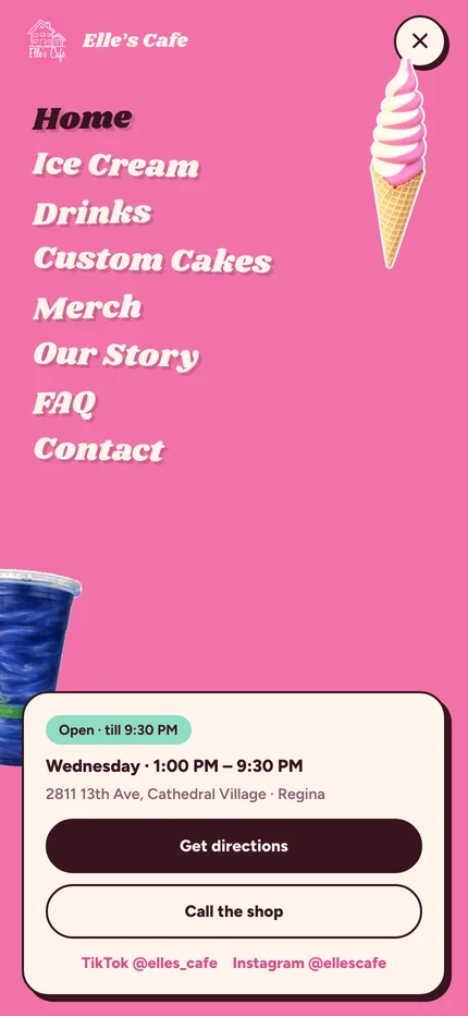 The full-screen phone menu listing eight pages, with a card showing open status, today's hours, the address, Get directions, and Call the shop