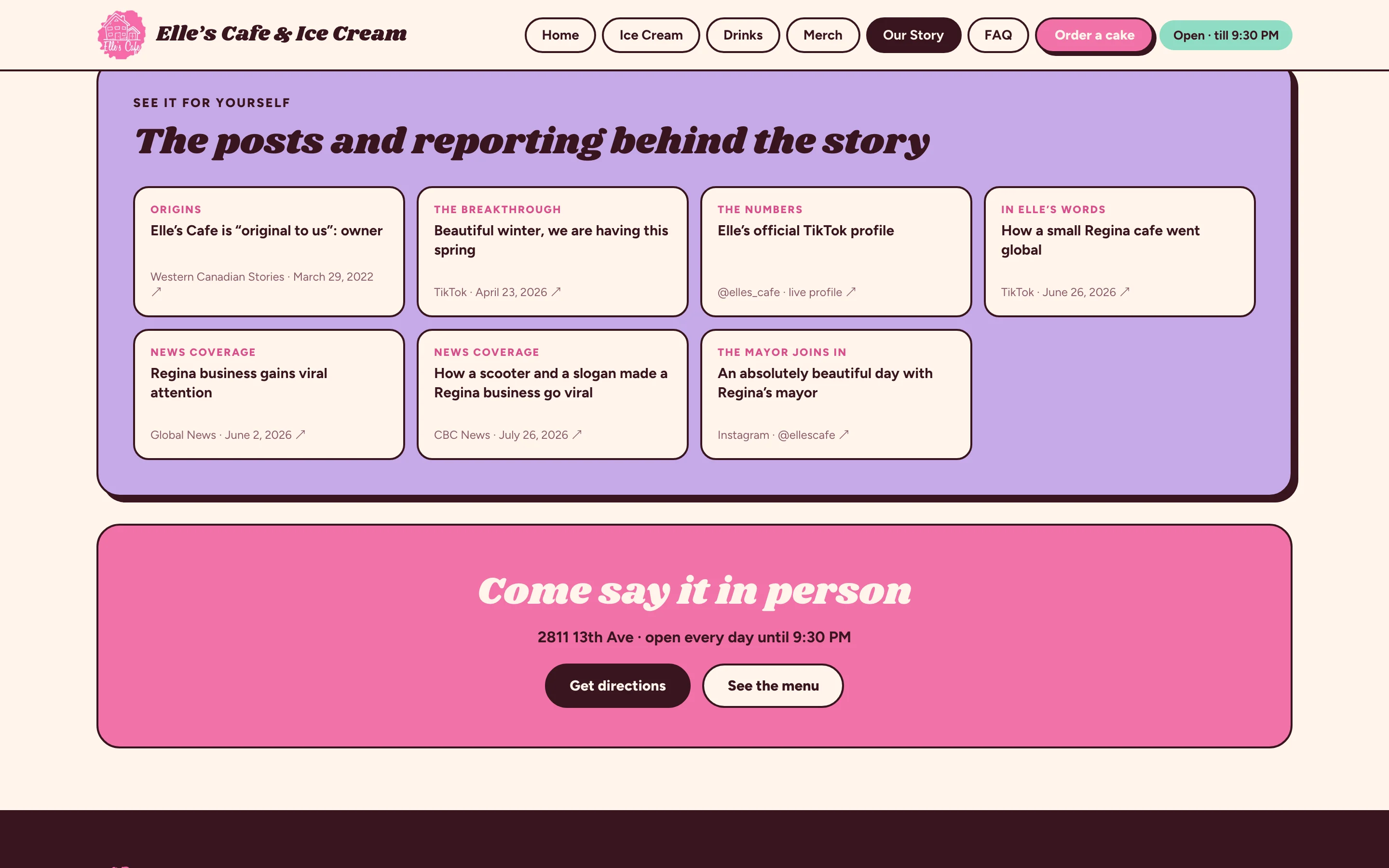 The posts and reporting behind the story: seven source cards, each with a label, a title, the outlet and date, and a link, above a Come say it in person panel with directions and the menu