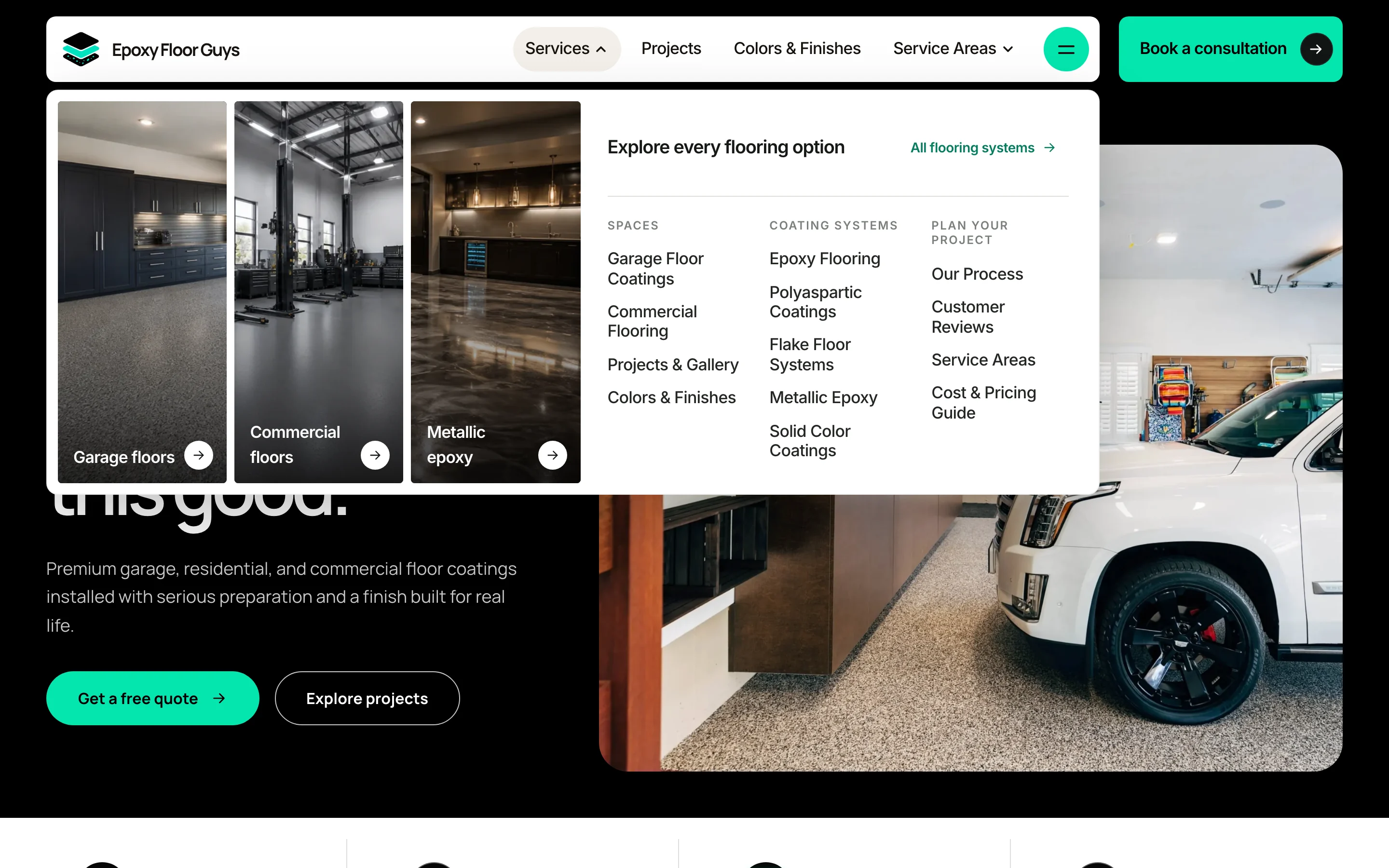 The Services mega menu we designed: three image shortcuts for garage, commercial, and metallic floors, and link columns for Spaces, Coating systems, and Plan your project