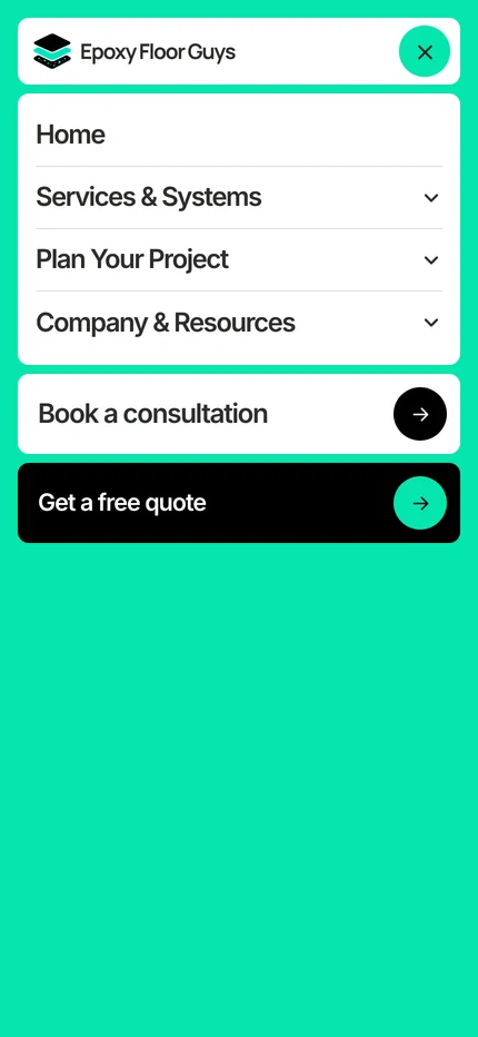 The mobile menu: Home, then Services and Systems, Plan Your Project, and Company and Resources as expandable groups, with Book a consultation and Get a free quote buttons
