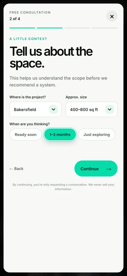 The consultation at 2 of 4 on a phone: area and size menus and timing choices, with Back and Continue