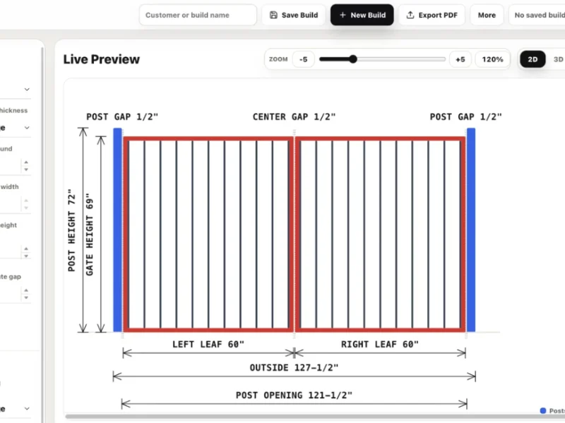 Fence and Gate Builder configurator with a live gate drawing