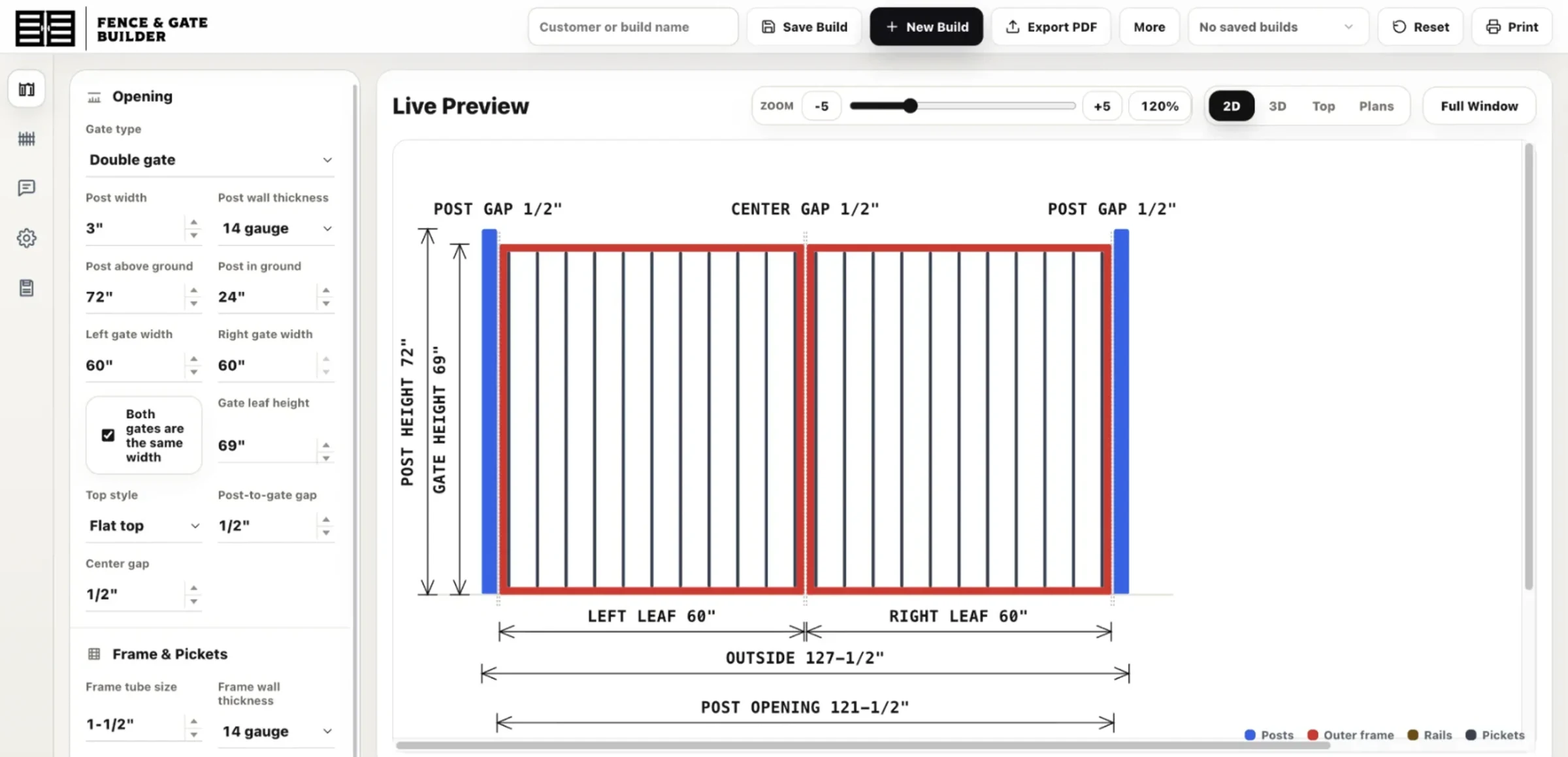 Fence and Gate Builder: fabrication inputs beside a dimensioned double gate drawing