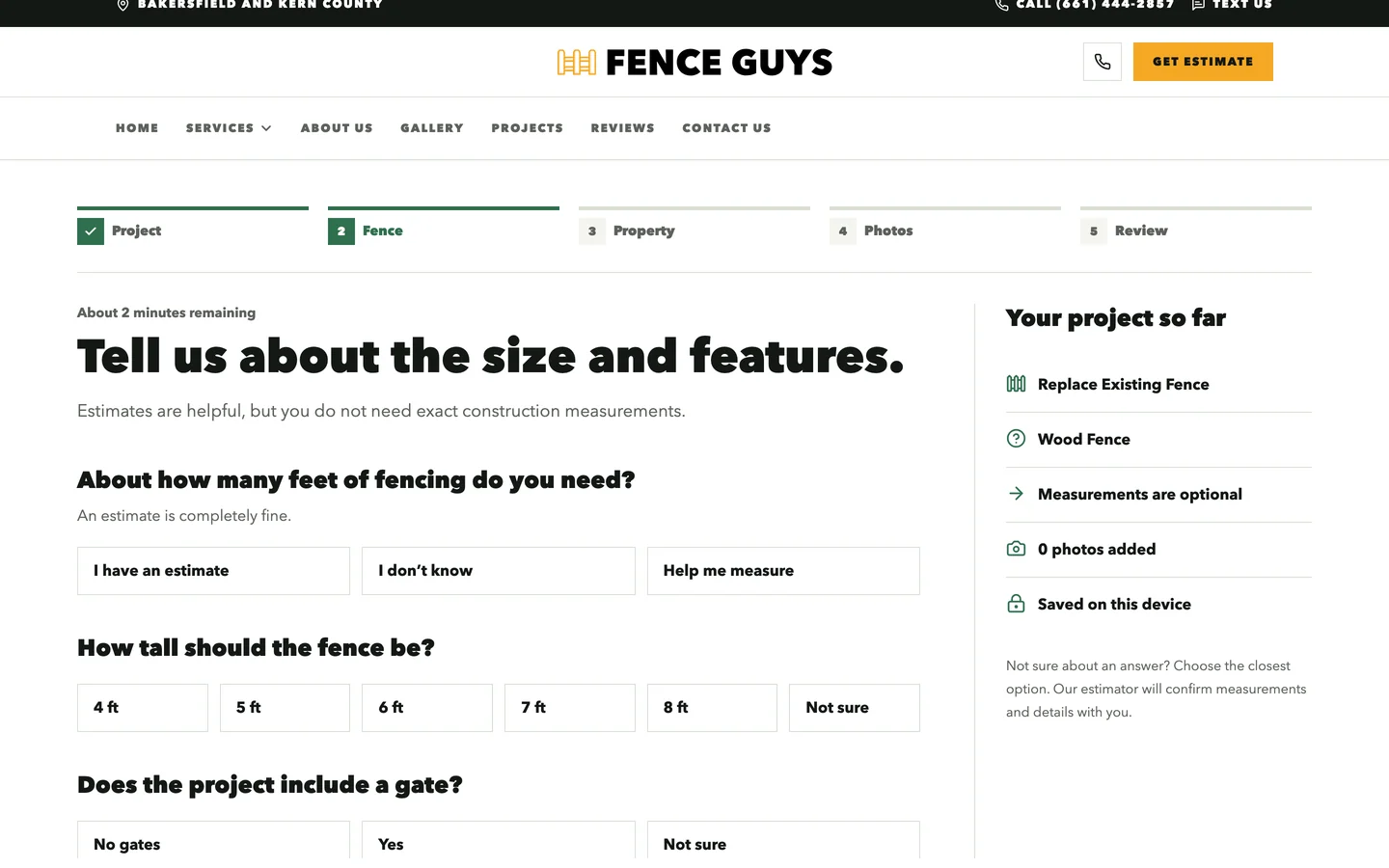 The Fence Guys estimate flow asking about fence length, height, and gates