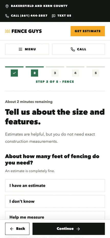 Step two on a phone: Tell us about the size and features, with full-width answer buttons and Back and Continue pinned to the bottom