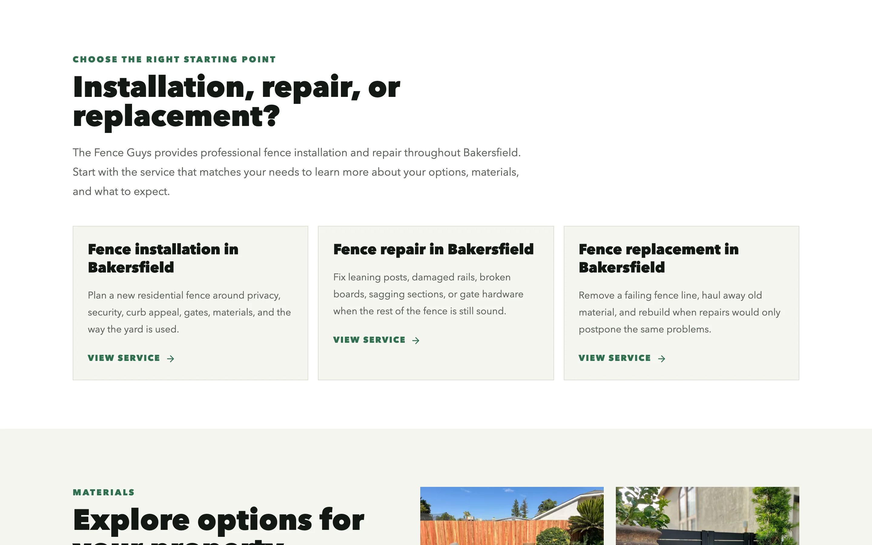 The homepage section Installation, repair, or replacement, with three cards that each describe one situation and link to its service page