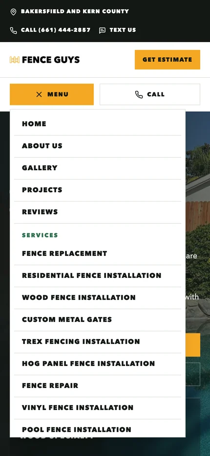 The mobile menu open, listing the main pages and then each fence service