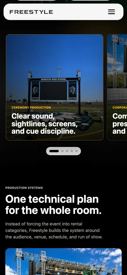 The swipeable event-type cards on a phone, starting with Ceremony Production, with a position indicator below