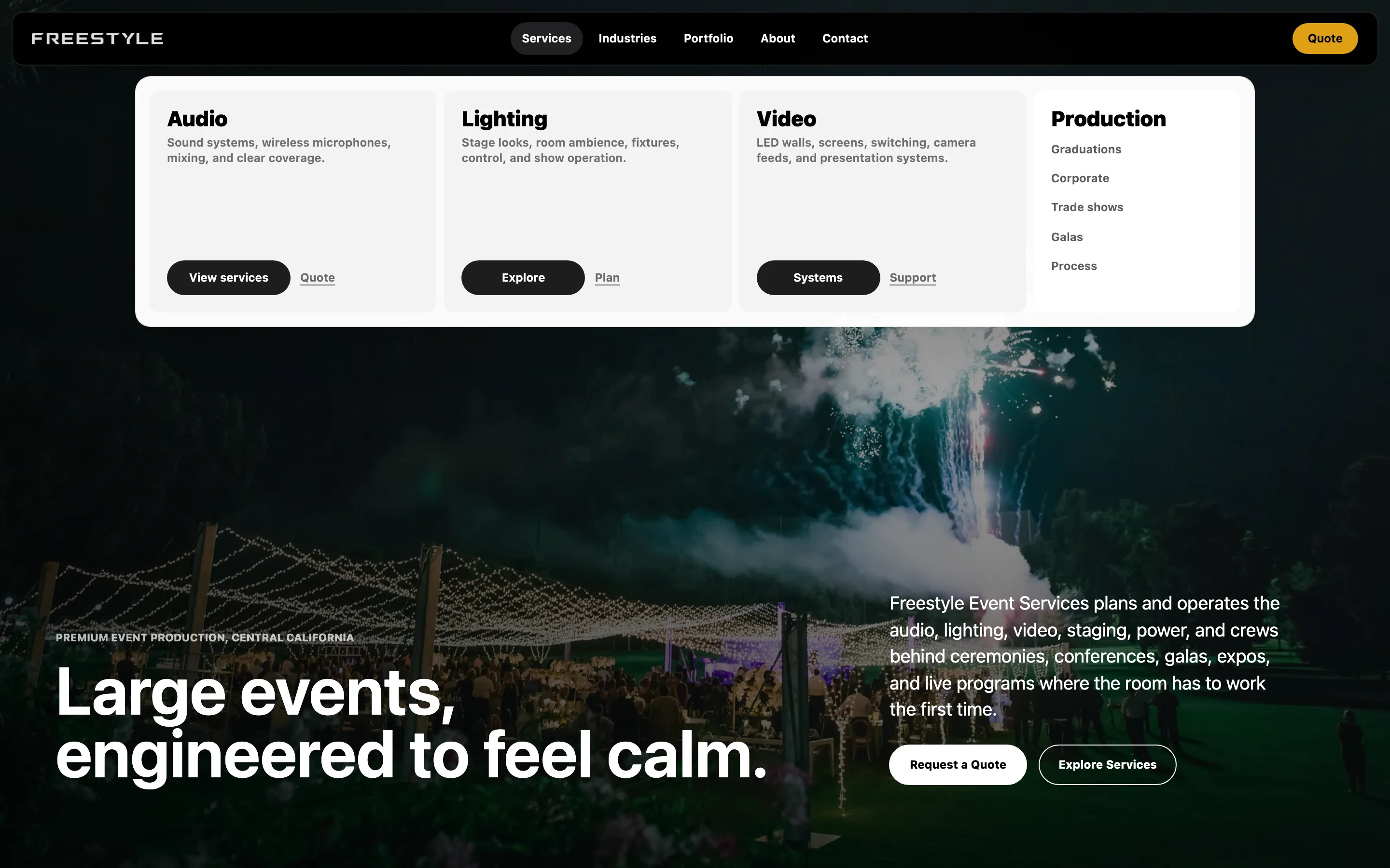 The Services menu open over the homepage: cards for Audio, Lighting, and Video with short descriptions and buttons, and a Production list of graduations, corporate, trade shows, galas, and process