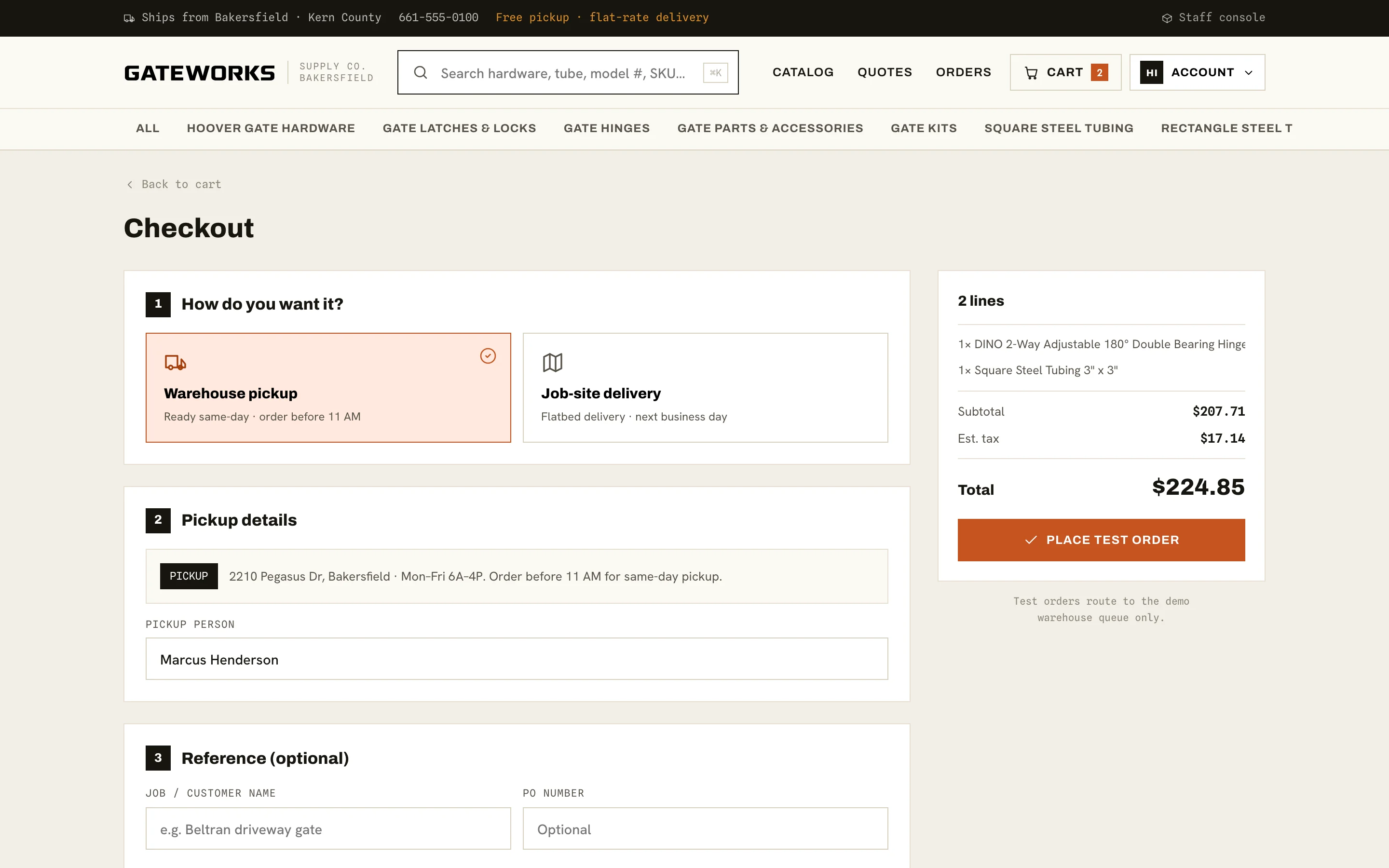 Checkout with numbered steps: warehouse pickup or job-site delivery, pickup details, an optional job and PO reference, and a test checkout step, beside an order summary with a Place test order button