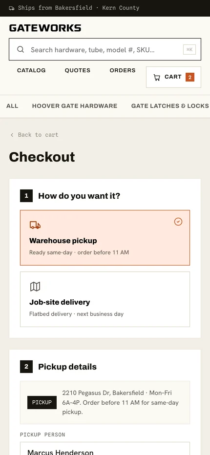 Checkout on a phone with warehouse pickup and job-site delivery stacked as the first step