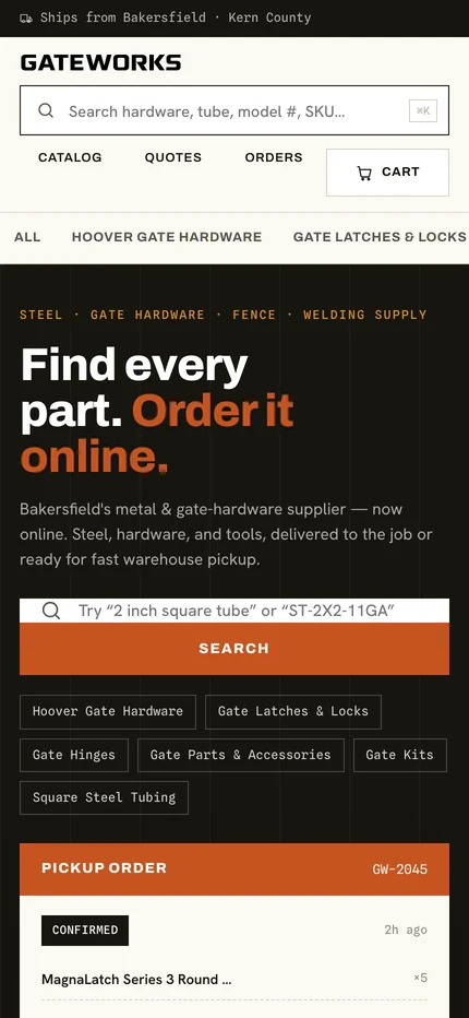 The Gateworks homepage on a phone with the search bar, department row, and a full-width search button