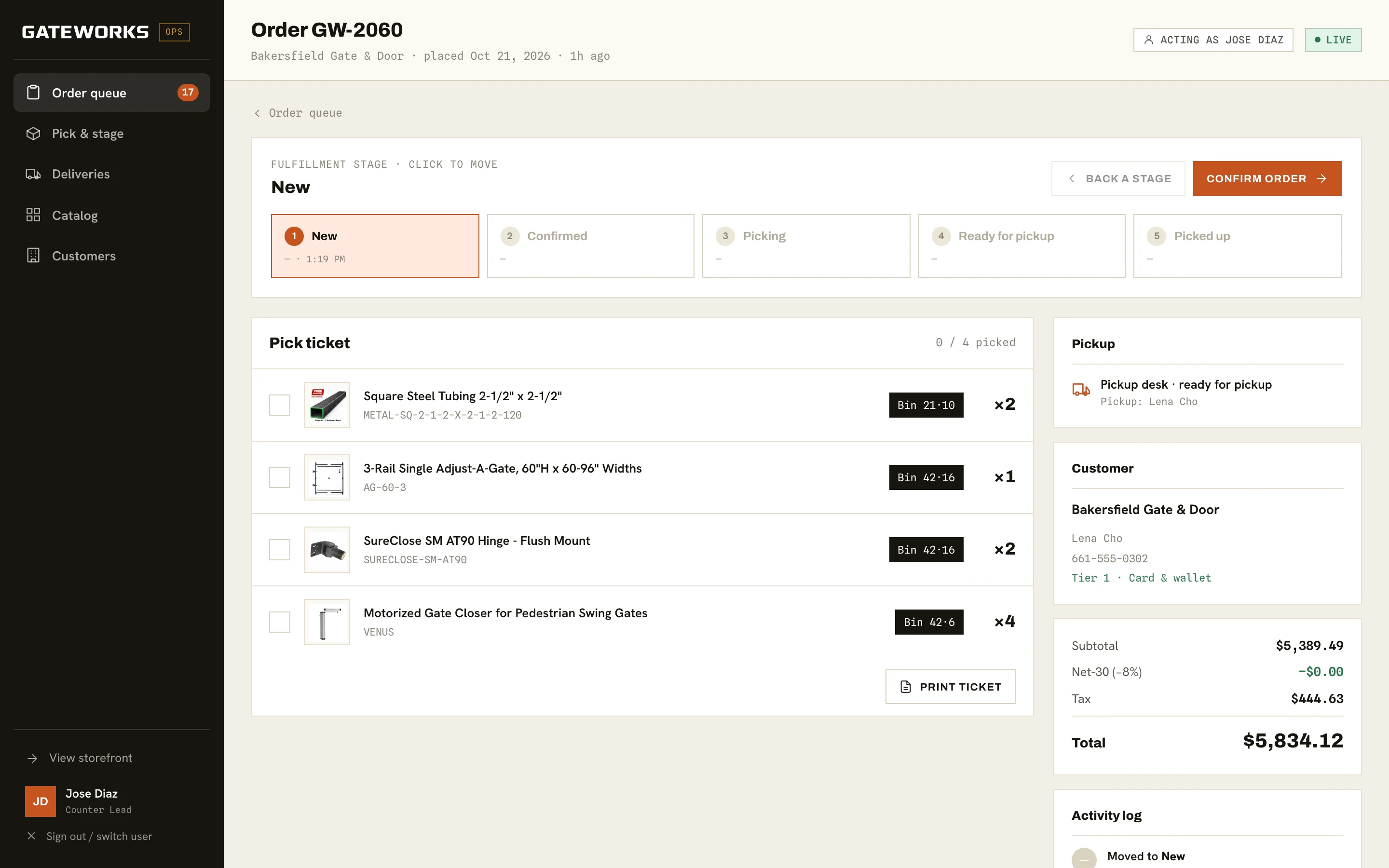 Order GW-2060: a five-stage fulfillment bar, a pick ticket listing four items with bin locations and quantities, a print ticket button, and pickup, customer, and totals panels