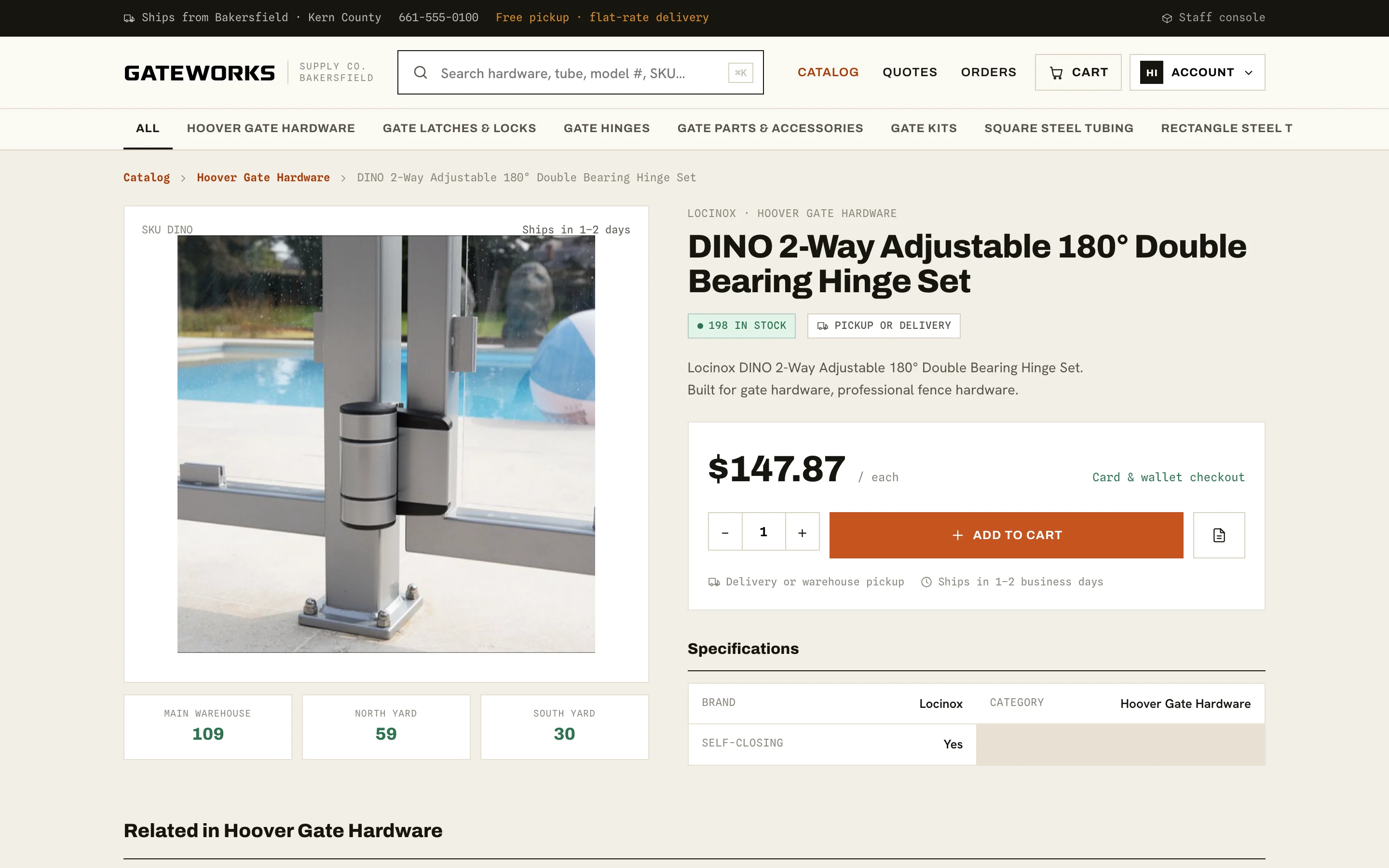 A hinge product page with stock counts for the main warehouse, north yard, and south yard, an in-stock badge, a pickup or delivery badge, unit price, quantity stepper, add to cart, and specifications