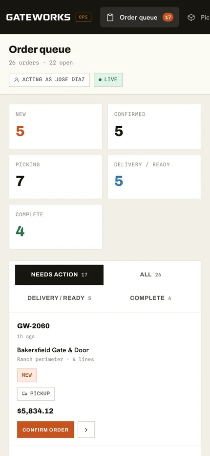 The staff order queue on a phone with stage counts in a grid and an order card with a Confirm order button