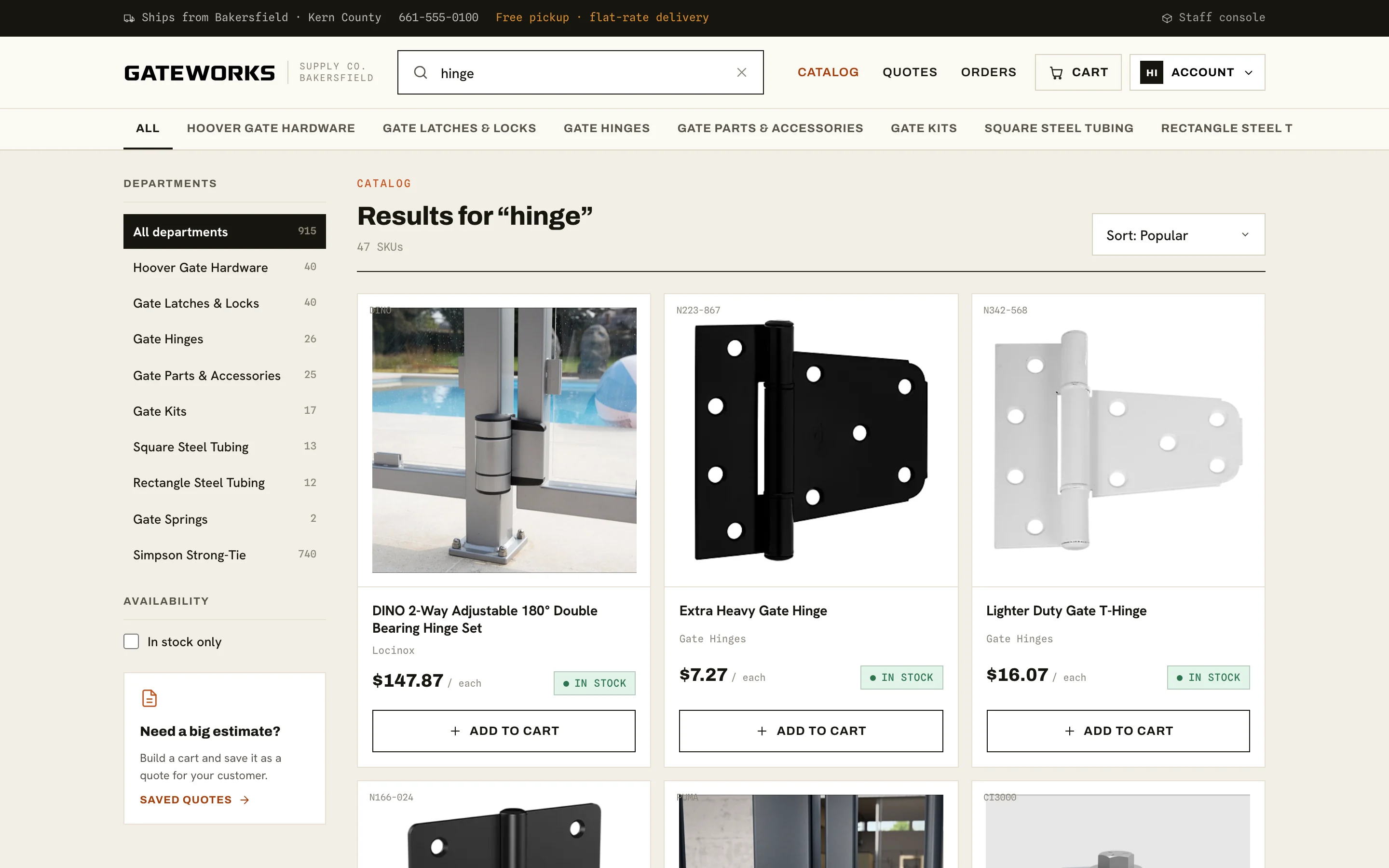 Catalog results for hinge: 47 matching products, a department list with counts for all nine departments, an in-stock filter, and a saved quotes prompt