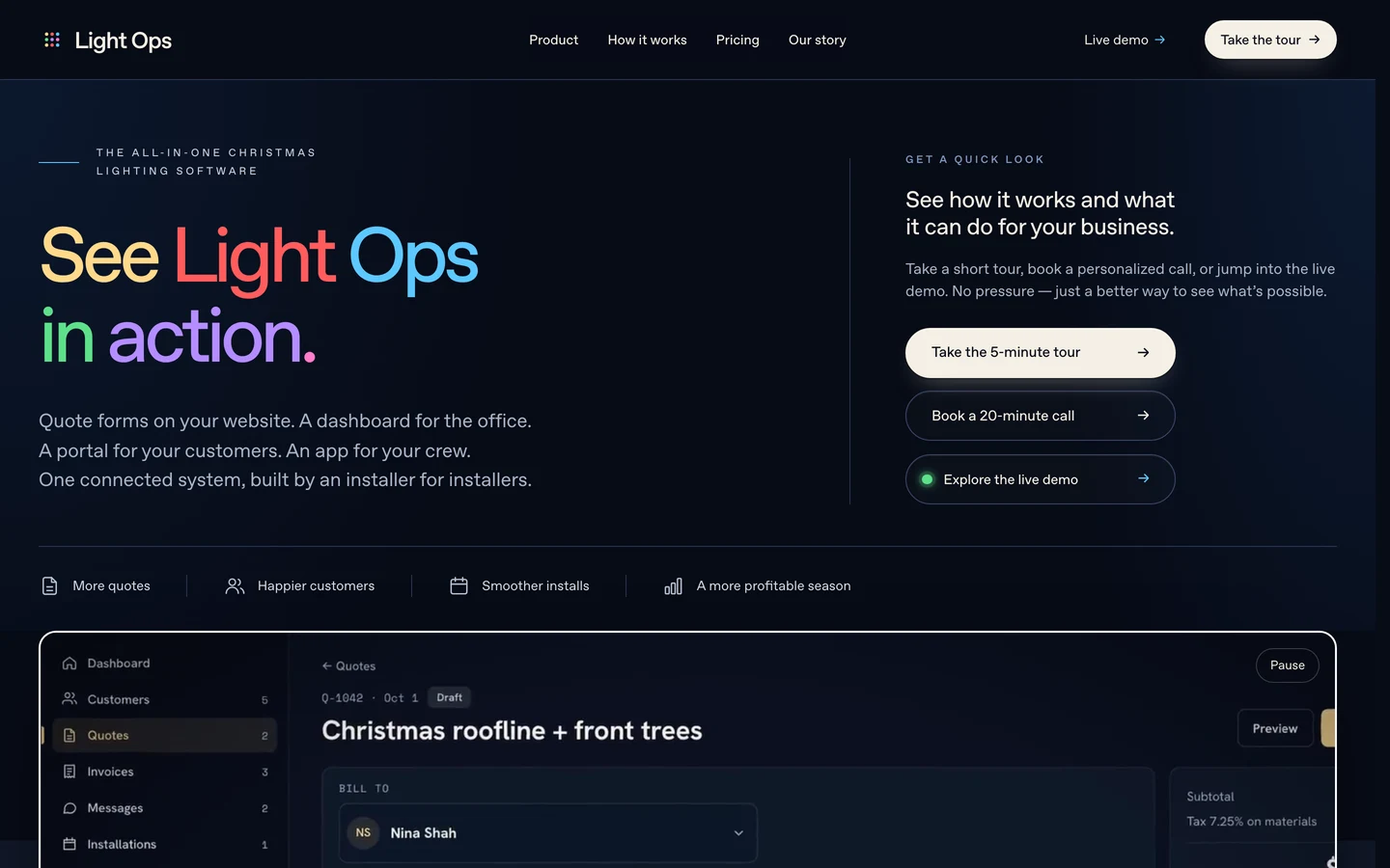 Get Light Ops homepage with its multicolor headline, product introduction, tour, call, and demo actions