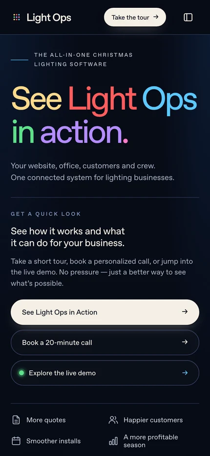 The same Get Light Ops homepage redesigned for a phone
