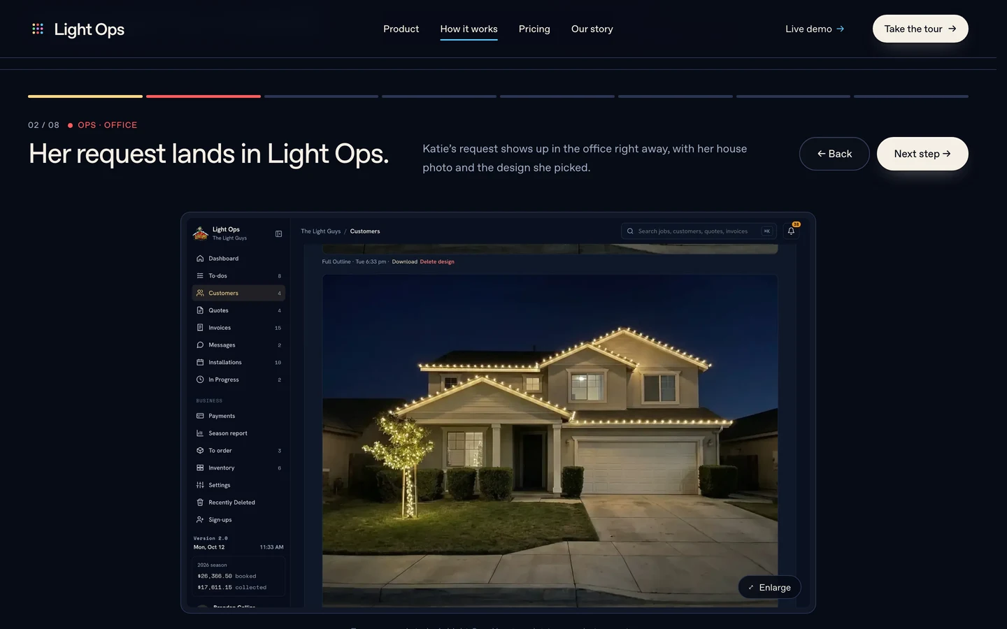 The guided Light Ops product tour on its second step, with progress navigation, explanation, and the corresponding software screen
