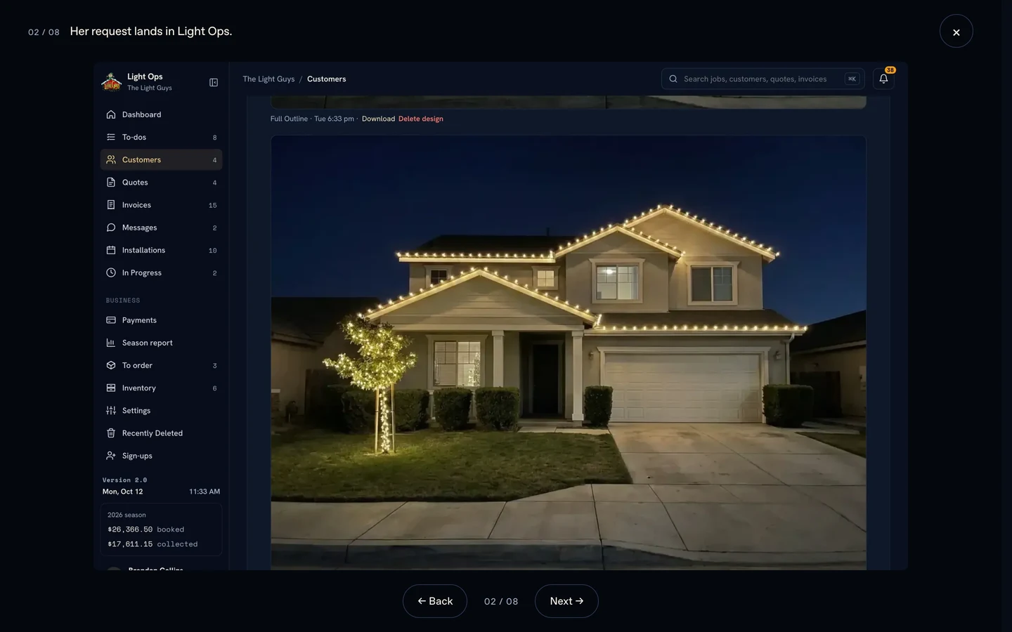The tour's expanded screen viewer with a close control, current step, and Previous and Next navigation