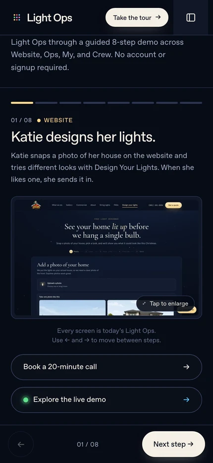 The product tour on a phone with the current step, explanatory copy, screenshot, and bottom navigation