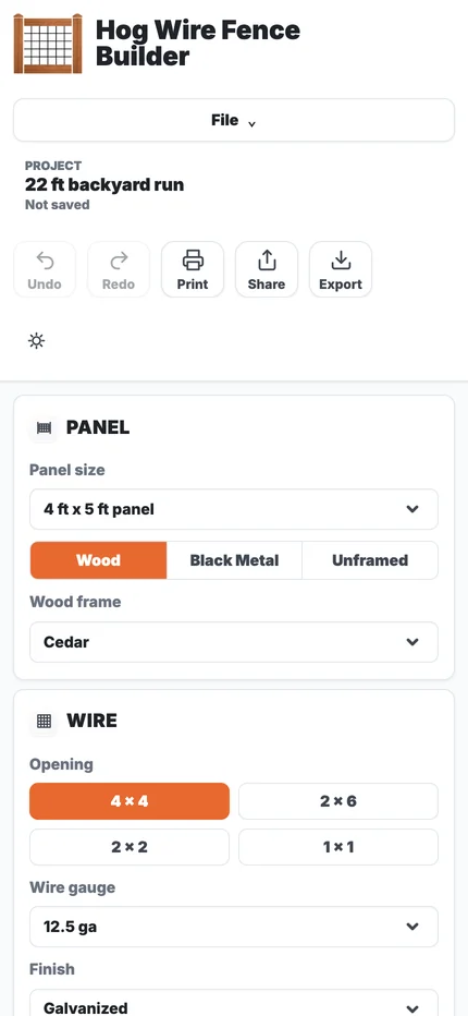 The builder on a phone with project actions and the panel and wire controls