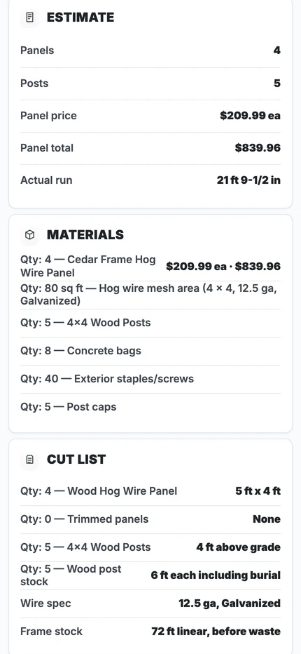 The estimate, materials, and cut list on a phone