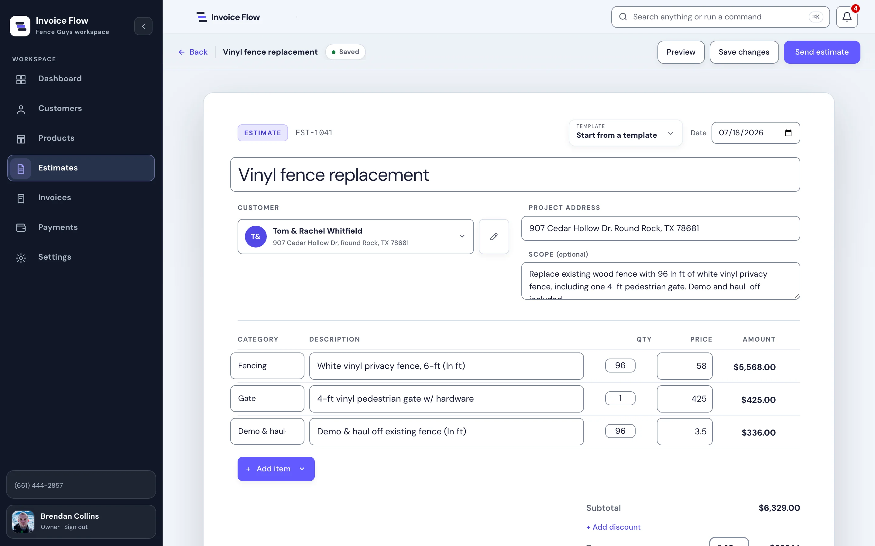 The estimate builder editing a vinyl fence replacement: an estimate and invoice toggle, a template picker, the customer and project address, scope, and categorized line items with quantity, price, and amount