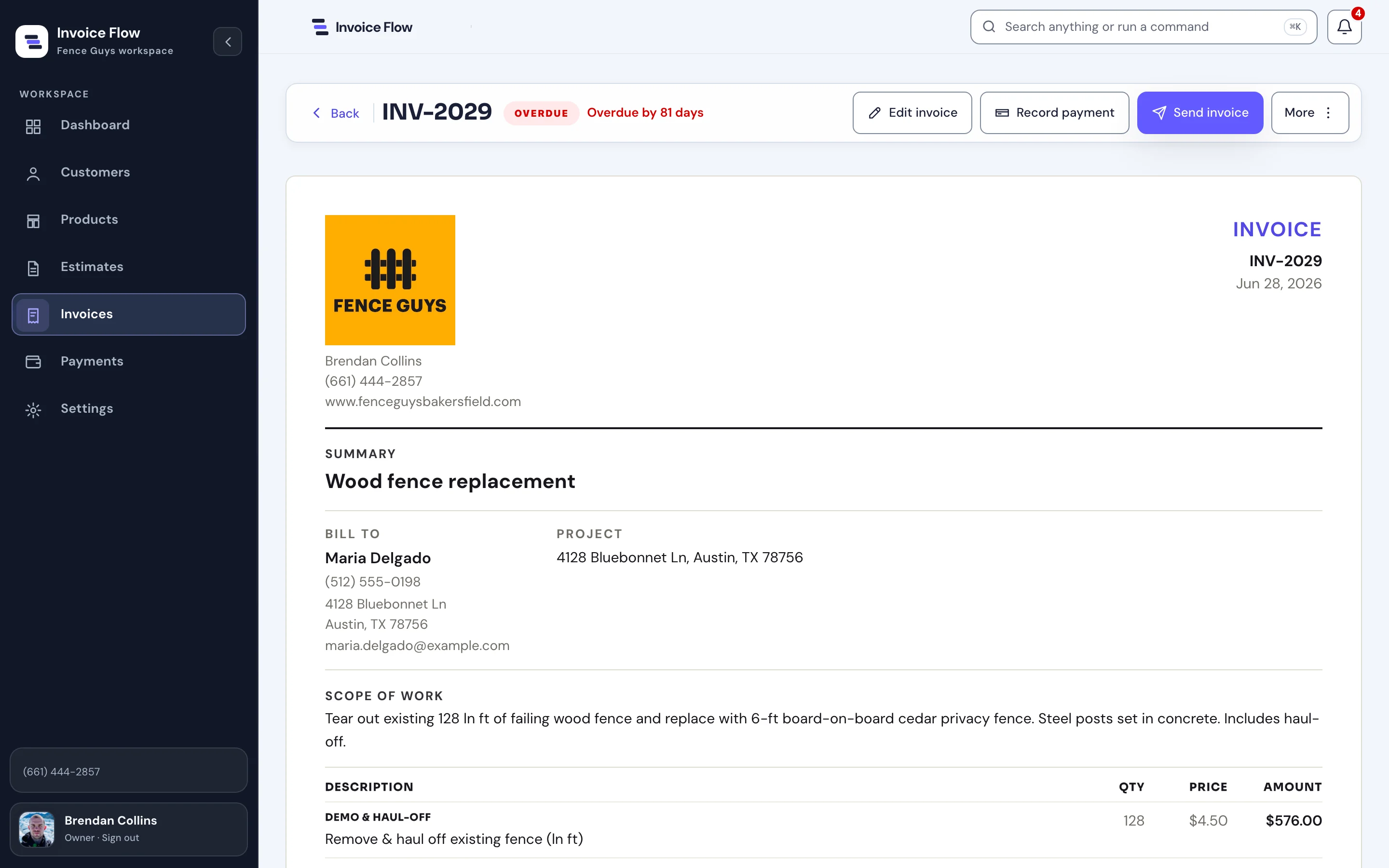 Invoice INV-2029 marked overdue by 81 days, with Edit invoice, Record payment, Send invoice, and More actions above the customer-facing invoice for a wood fence replacement