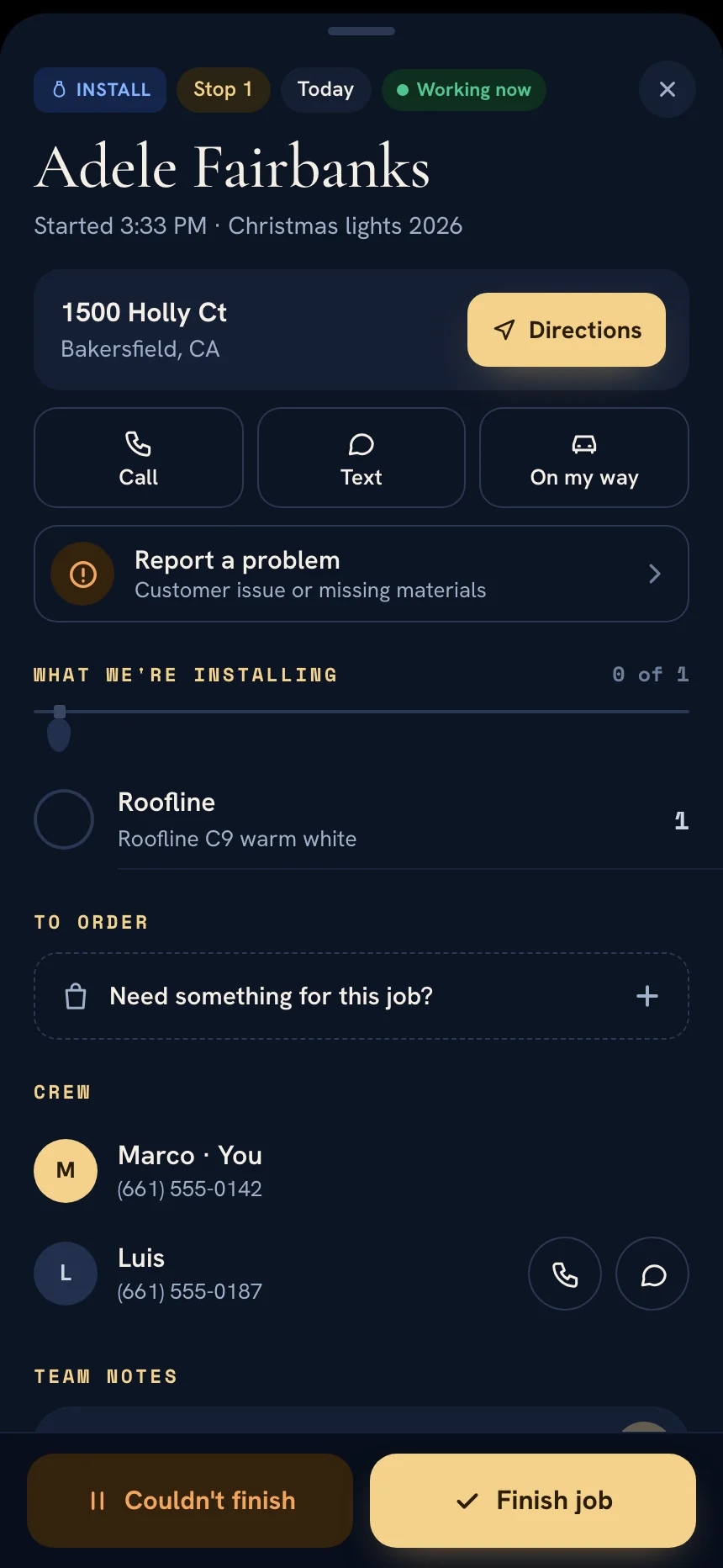 Crew app job screen with directions, Call, Text and On my way, an install checklist, materials to order and the crew